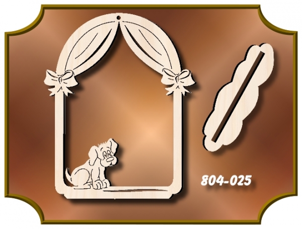 Klöppelrahmen Holz 804-025 "Bogen mit Vorhang und Hund"