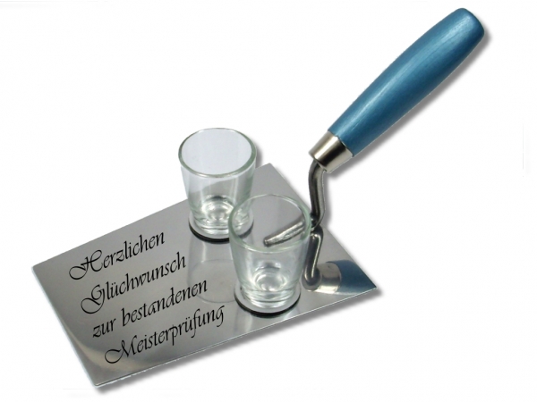 Maurerkelle aus Edelstahl mit 2 Schnapsgläser und Wunsch-Gravur